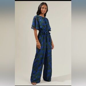 Floral flutter sleeve jumpsuit blue and green size small